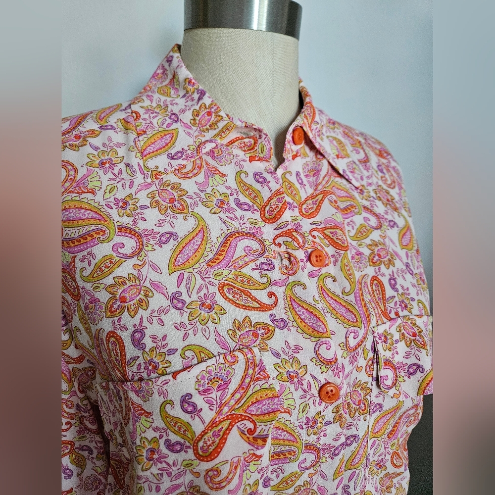 NWOT ZARA Orange & Pink Paisley Silky Button Down Blouse | SZ M - Picture 6 of 12